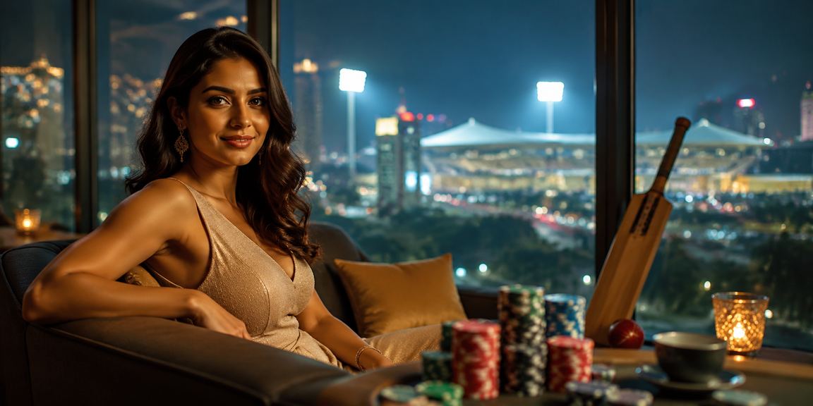 Evening cricket stadium with spectators placing bets on mobile devices