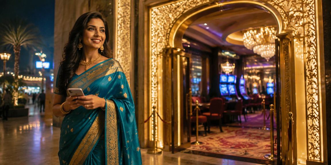 Mobile casino gamer in traditional saree playing responsibly in Delhi